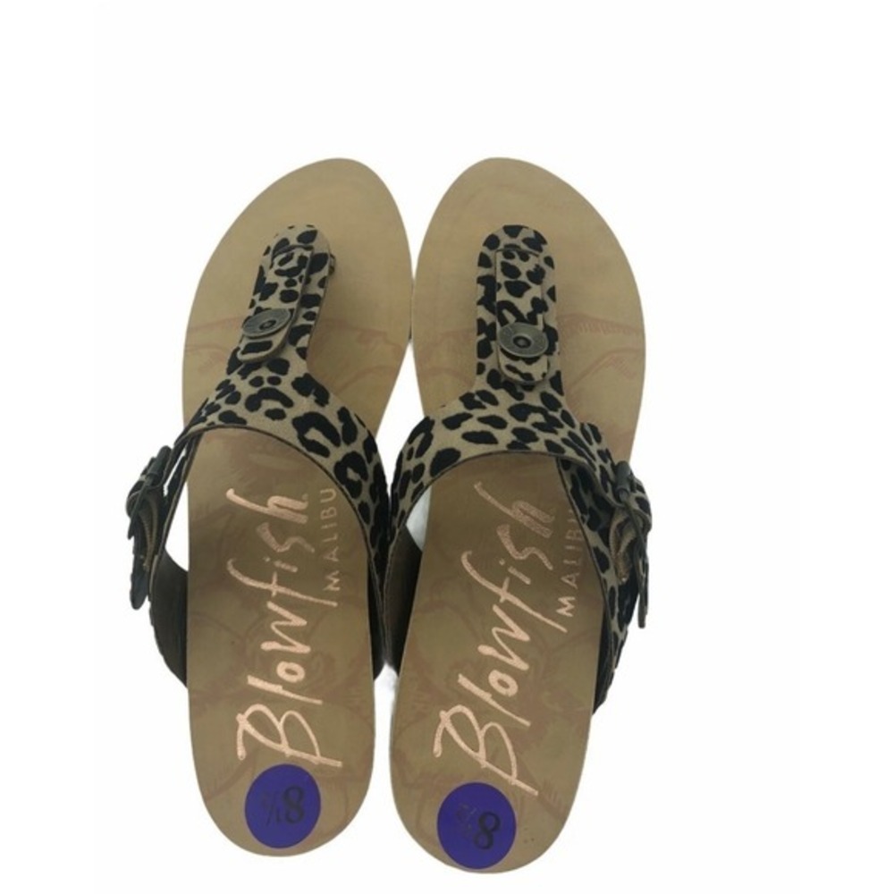 Blowfish Open Toe Slip On Flat Leopard Printed Logo Button Sandal Women Size 8.5